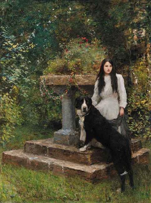 A young girl and her dog, Sir Hubert von Herkomer,RA,RWS